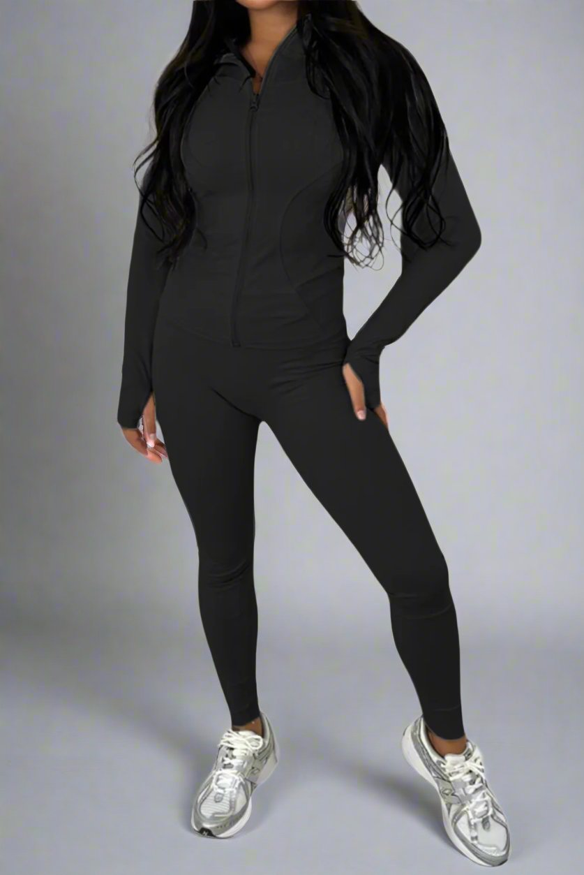 New Sports Zip Front Long Sleeves Top And Leggings Gym Set