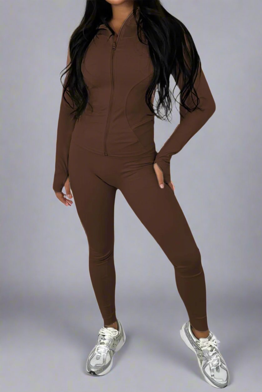 New Sports Zip Front Long Sleeves Top And Leggings Gym Set