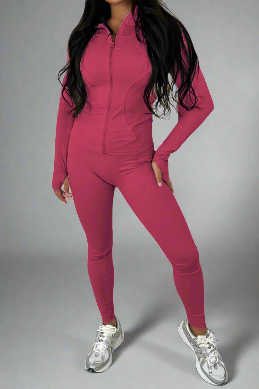 New Sports Zip Front Long Sleeves Top And Leggings Gym Set