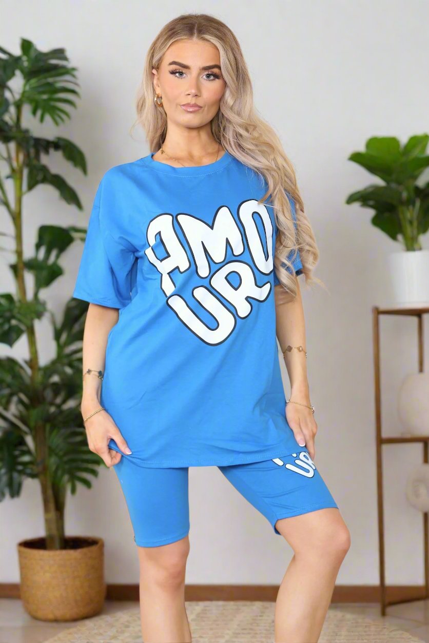 Cycling Short and T-Shirts Co-Ord Two Piece Side Slit Set with Front Printed Slogan - AX Labels