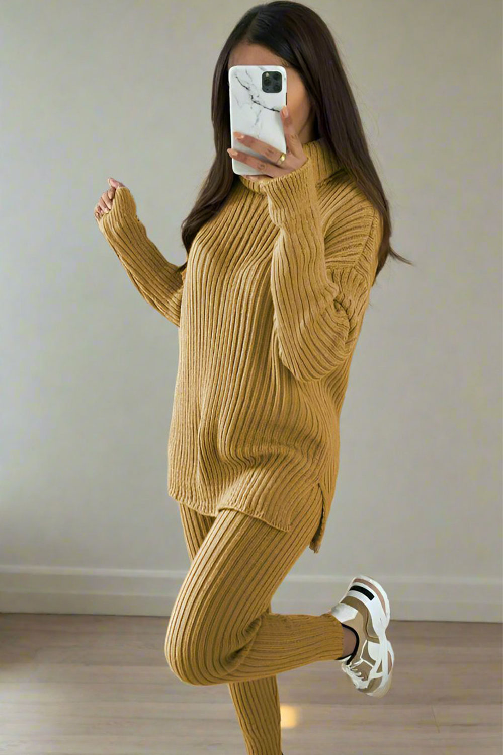 Ladies Chunky Knitted Ribbed Polo High Neck Top Leggings Loungewear Su