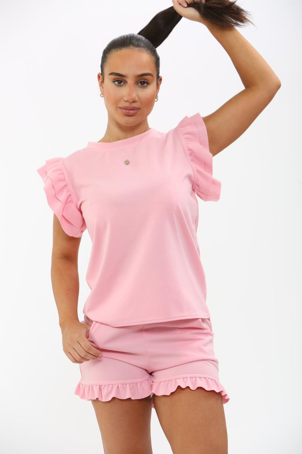 Ladies Frill Peplum Sleeve Top and Short 2 Piece Tracksuit Set