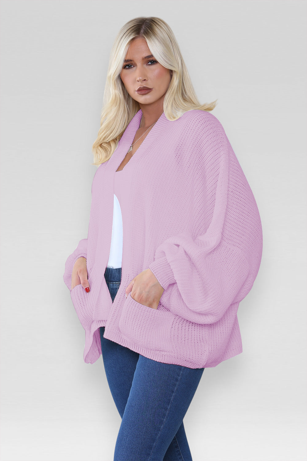Ladies Oversized Cropped Short Balloon Pocket Chunky Knitted Cardigan