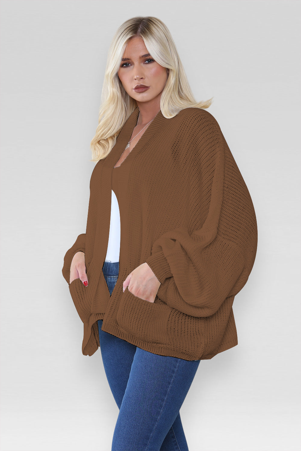 Ladies Oversized Cropped Short Balloon Pocket Chunky Knitted Cardigan