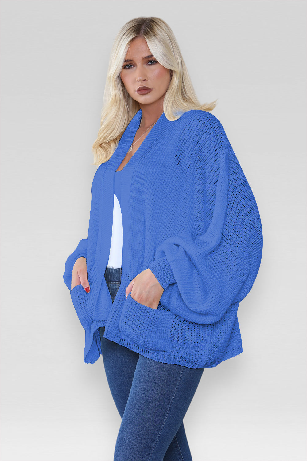 Ladies Oversized Cropped Short Balloon Pocket Chunky Knitted Cardigan