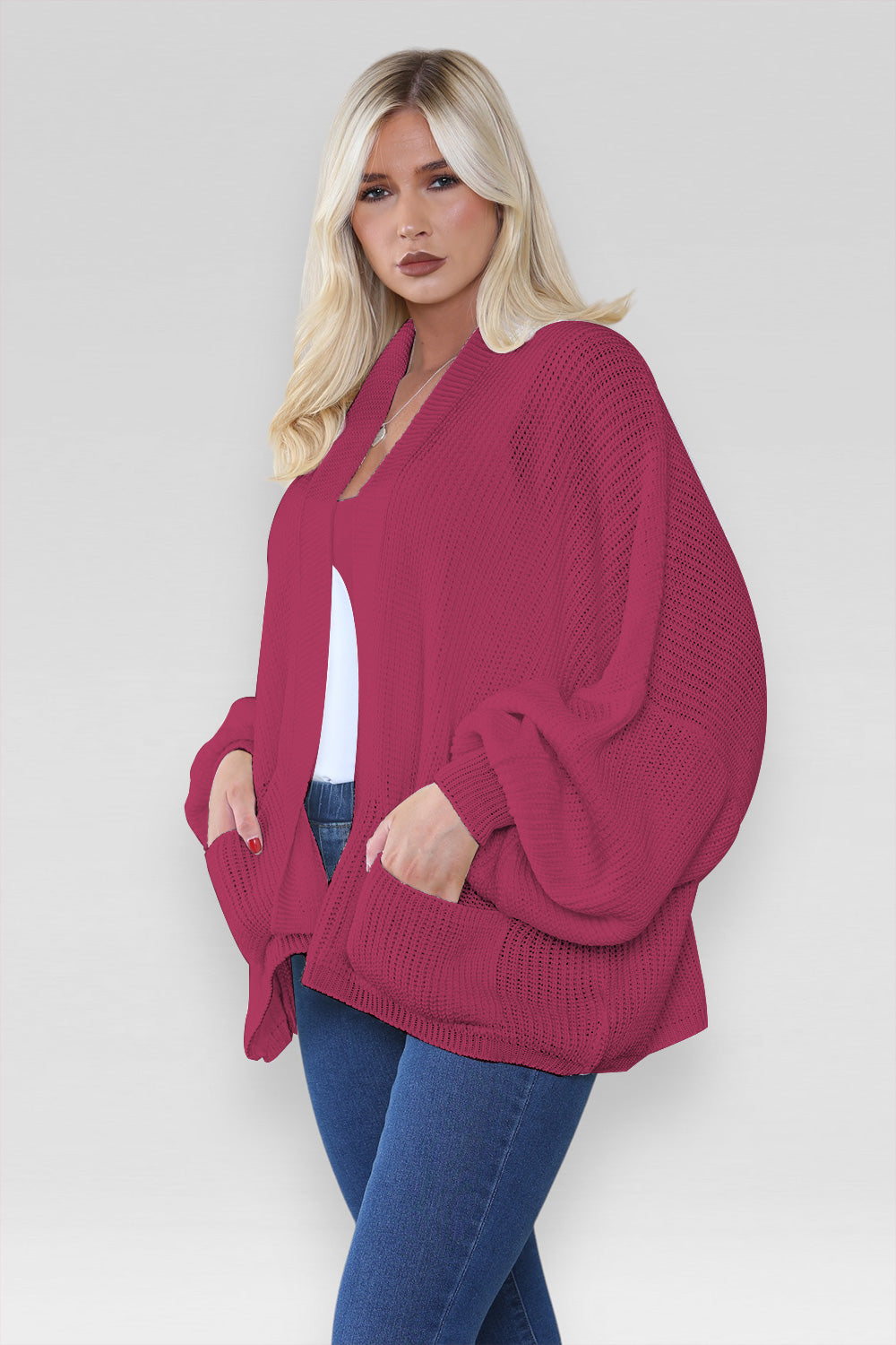 Ladies Oversized Cropped Short Balloon Pocket Chunky Knitted Cardigan