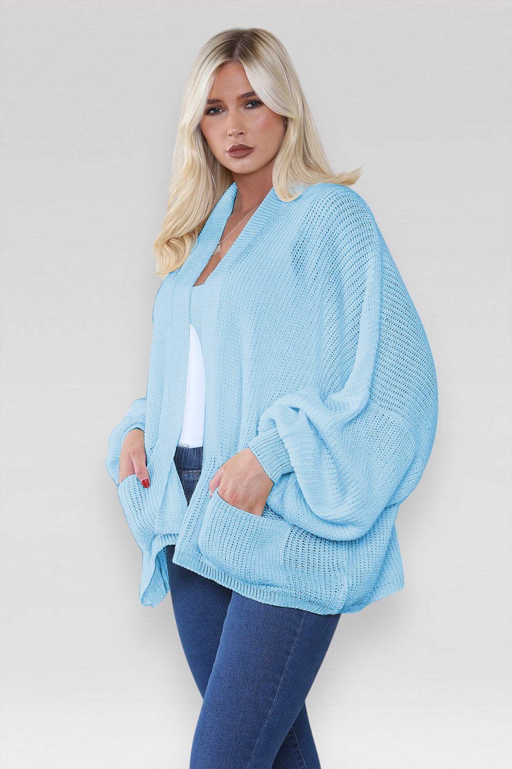 Ladies Oversized Cropped Short Balloon Pocket Chunky Knitted Cardigan