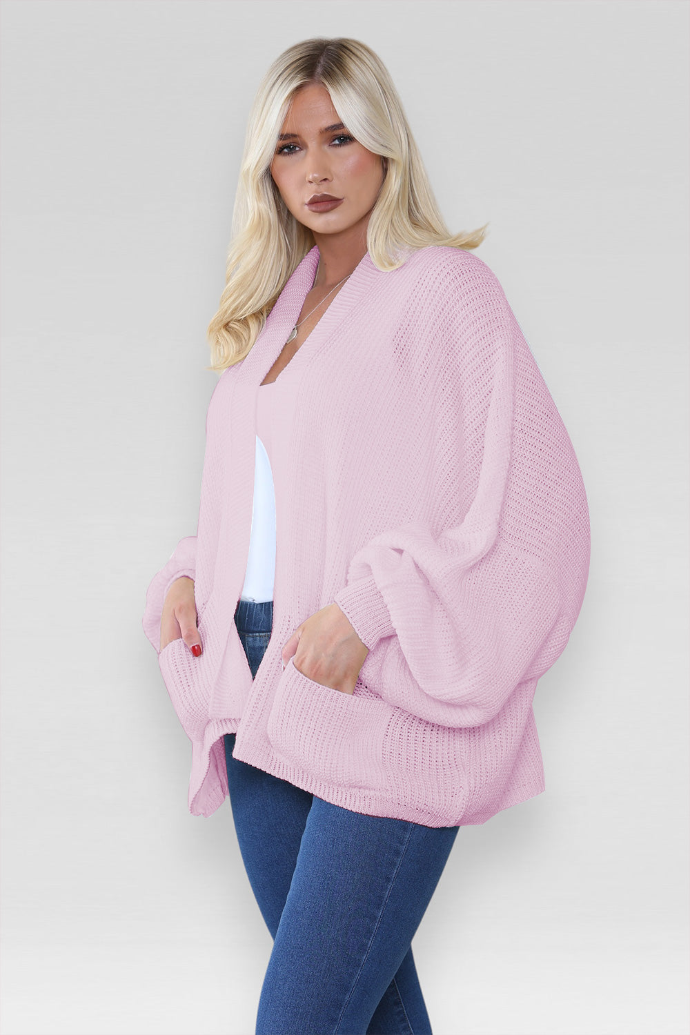 Ladies Oversized Cropped Short Balloon Pocket Chunky Knitted Cardigan
