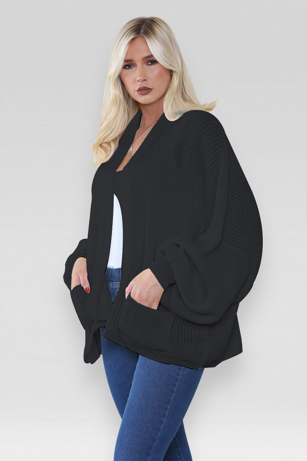 Ladies Oversized Cropped Short Balloon Pocket Chunky Knitted Cardigan