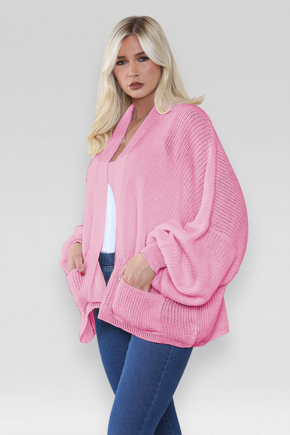 Ladies Oversized Cropped Short Balloon Pocket Chunky Knitted Cardigan