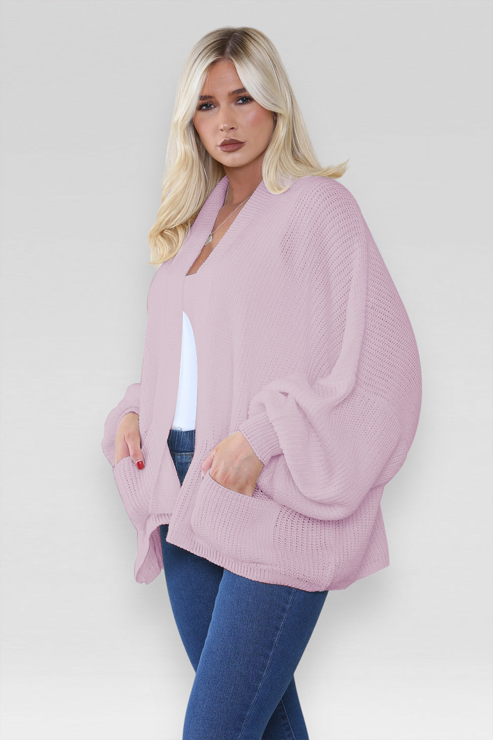 Ladies Oversized Cropped Short Balloon Pocket Chunky Knitted Cardigan