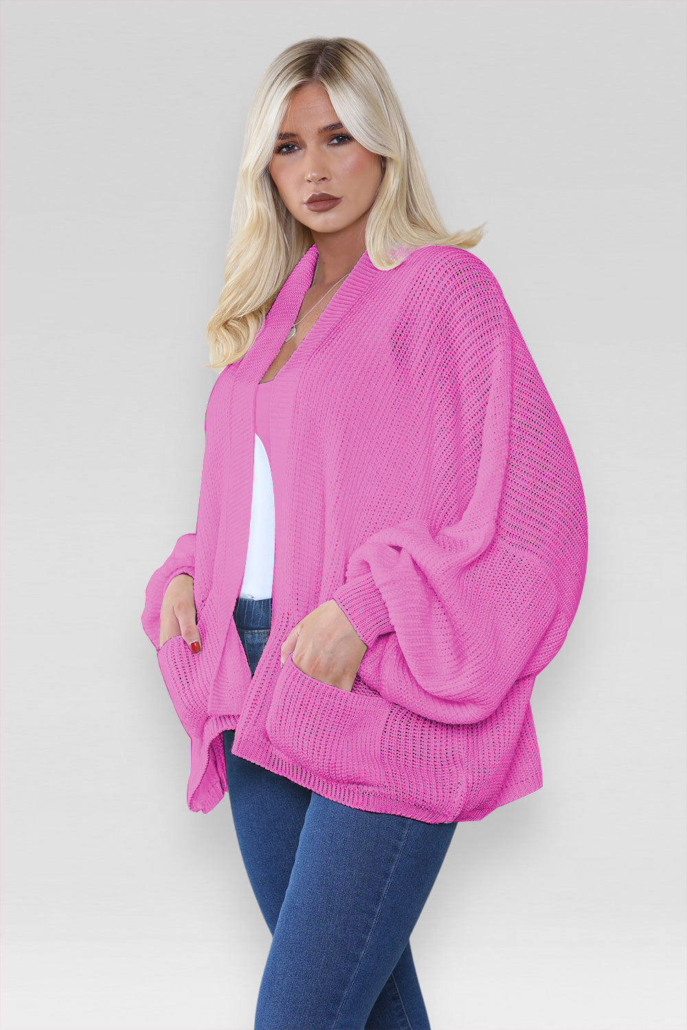 Ladies Oversized Cropped Short Balloon Pocket Chunky Knitted Cardigan