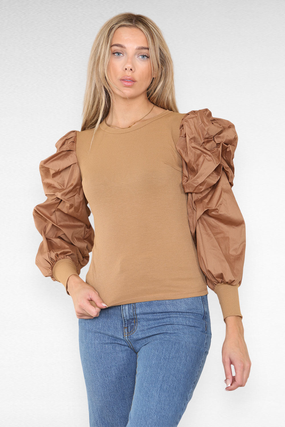 Extreme puff sleeve ribbed top sale