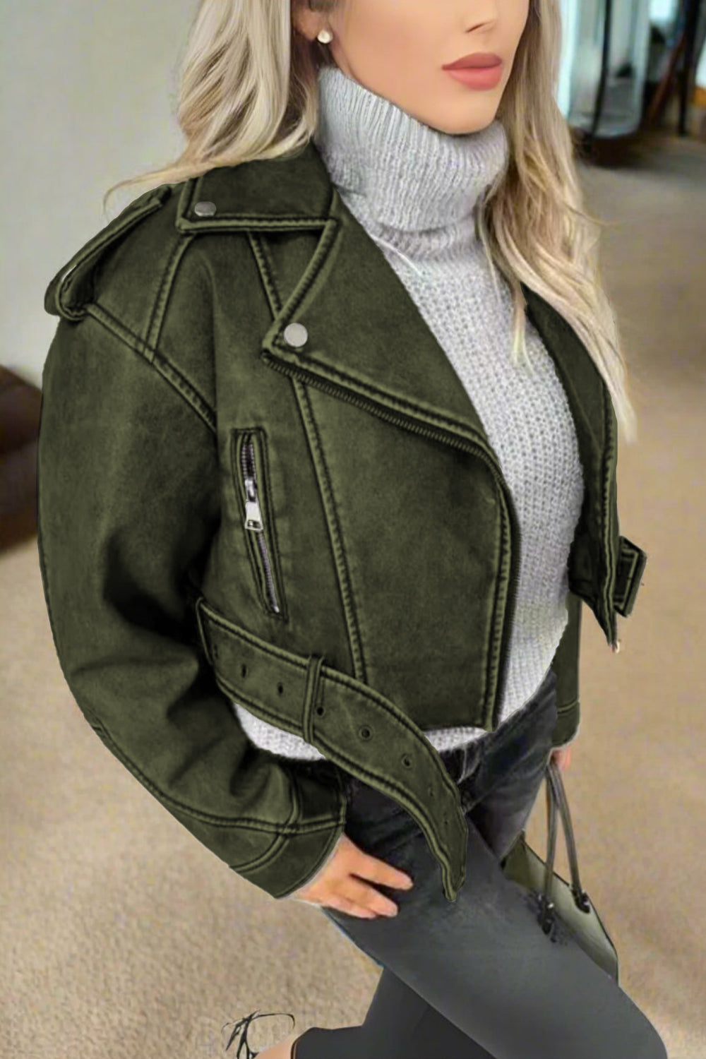 PU Faux Leather Biker Belt Jacket Outwear