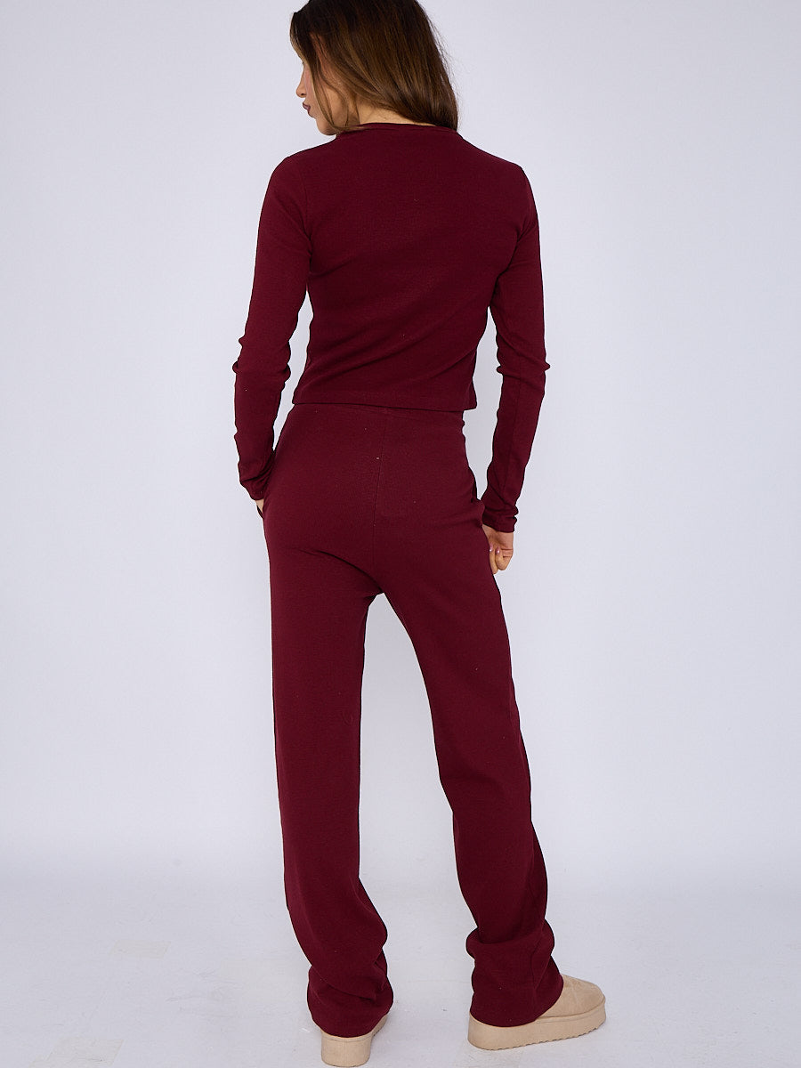 Ribbed Front Button Detail Top & Wide Leg Trouser Co-ord
