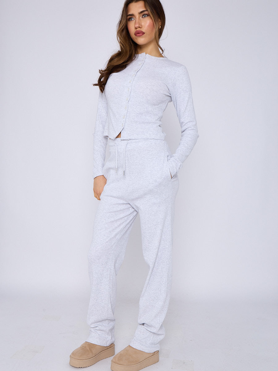 Ribbed Front Button Detail Top & Wide Leg Trouser Co-ord