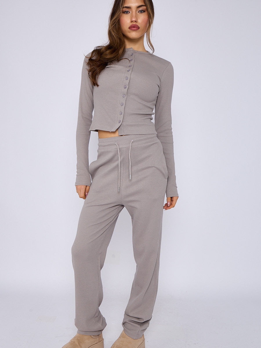 Ribbed Front Button Detail Top & Wide Leg Trouser Co-ord
