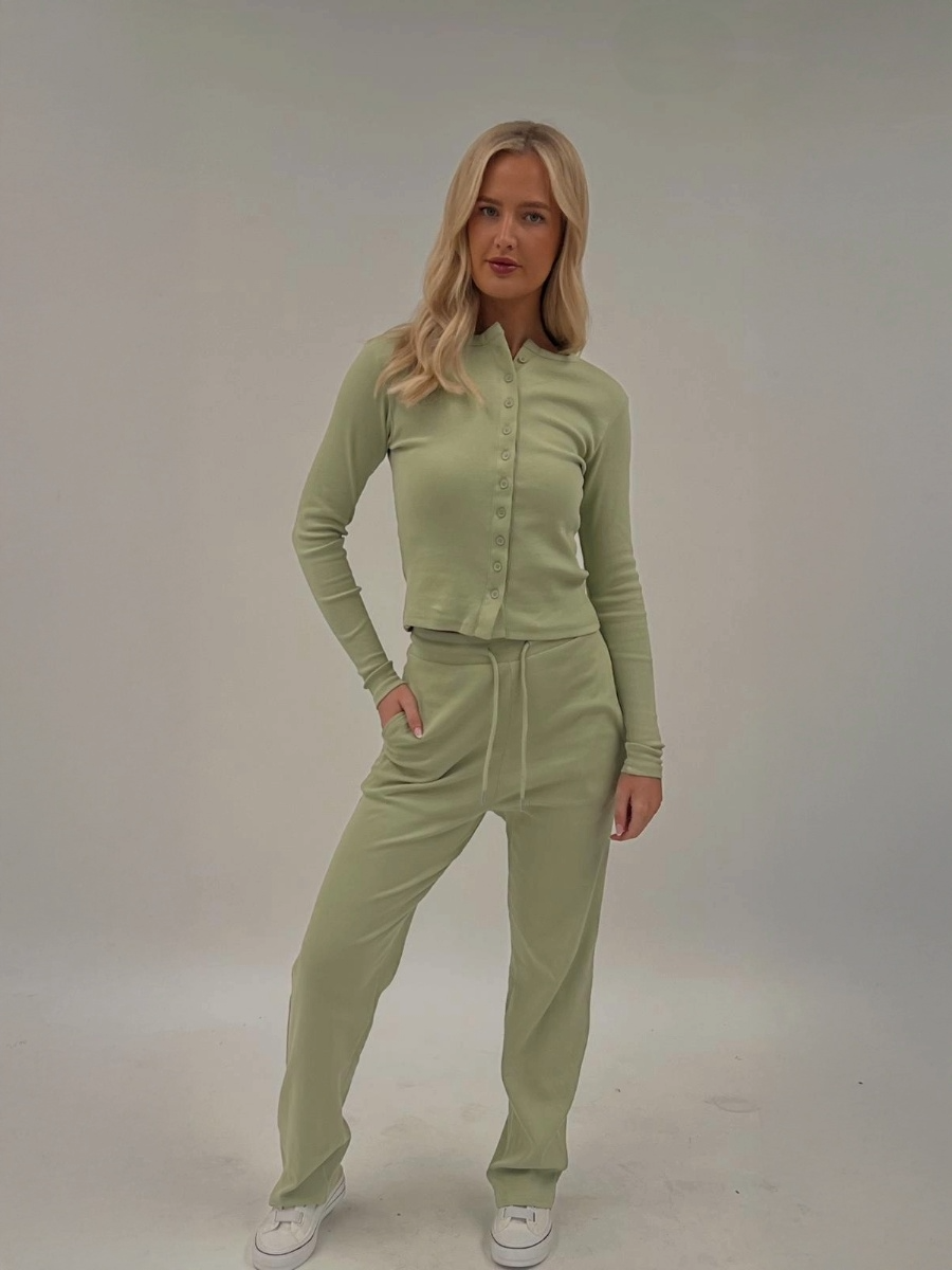 Ribbed Front Button Detail Top & Wide Leg Trouser Co-ord