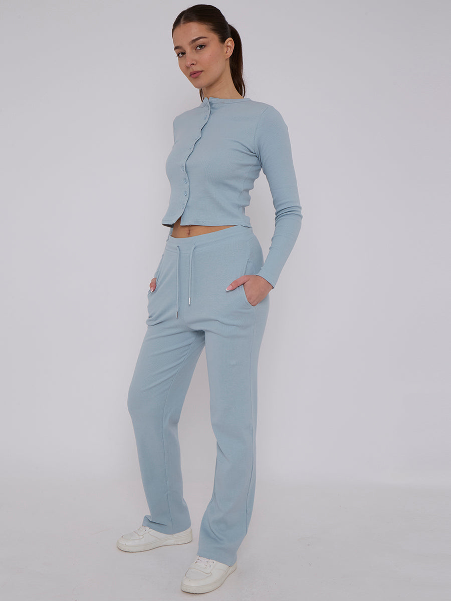 Ribbed Front Button Detail Top & Wide Leg Trouser Co-ord