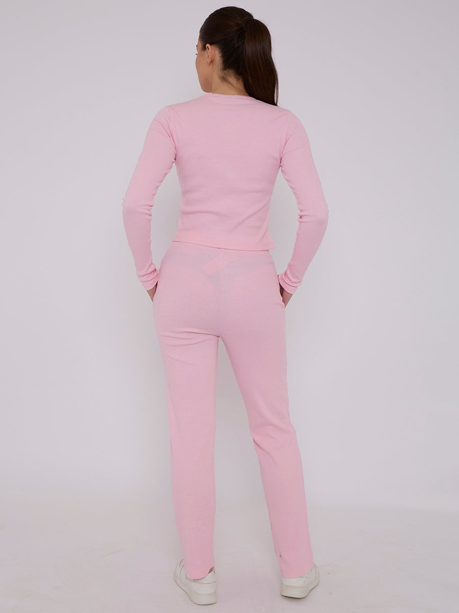 Ribbed Front Button Detail Top & Wide Leg Trouser Co-ord