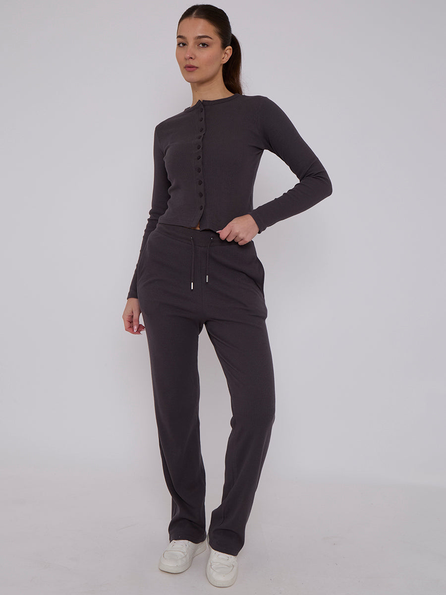 Ribbed Front Button Detail Top & Wide Leg Trouser Co-ord