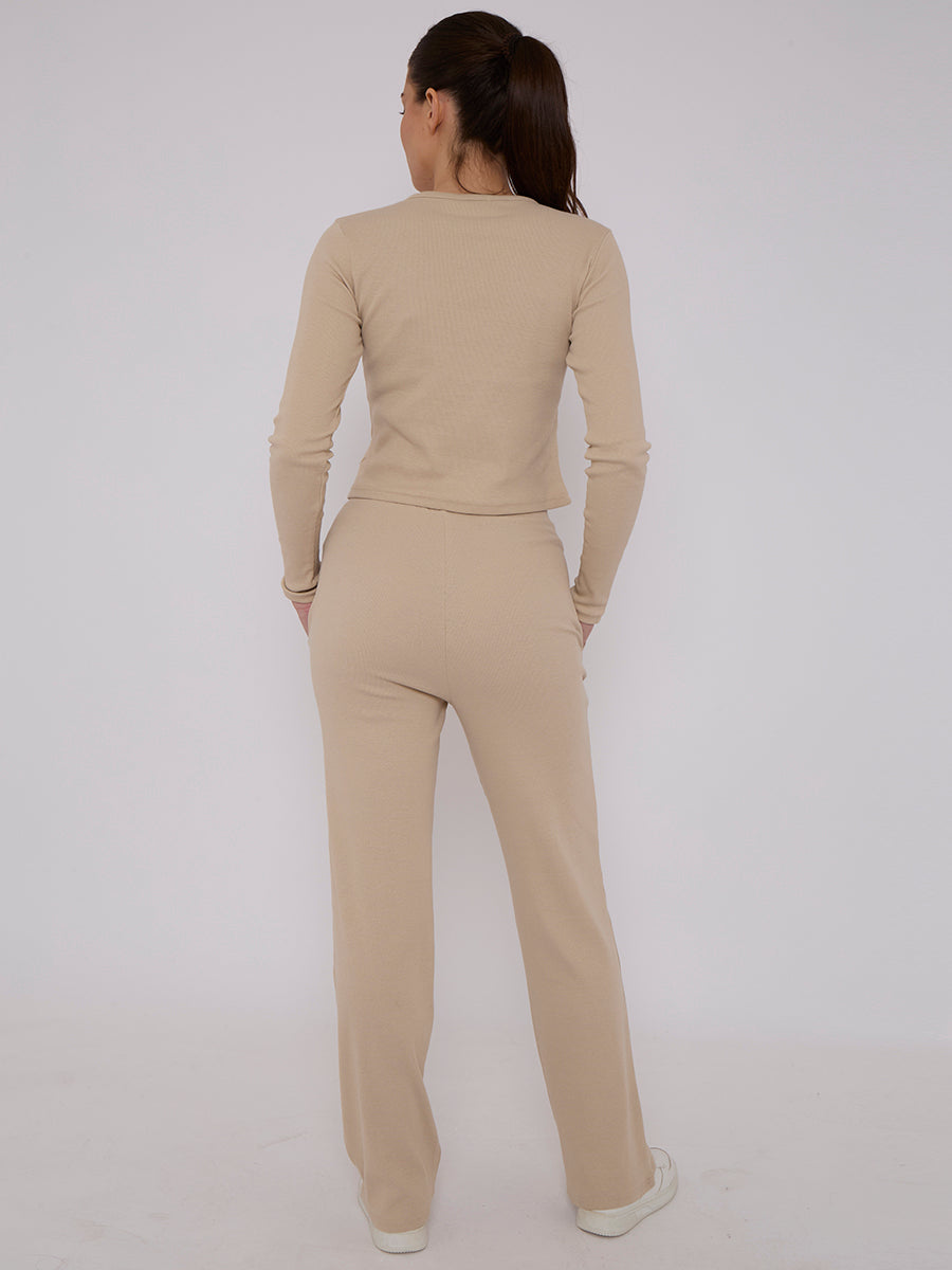 Ribbed Front Button Detail Top & Wide Leg Trouser Co-ord