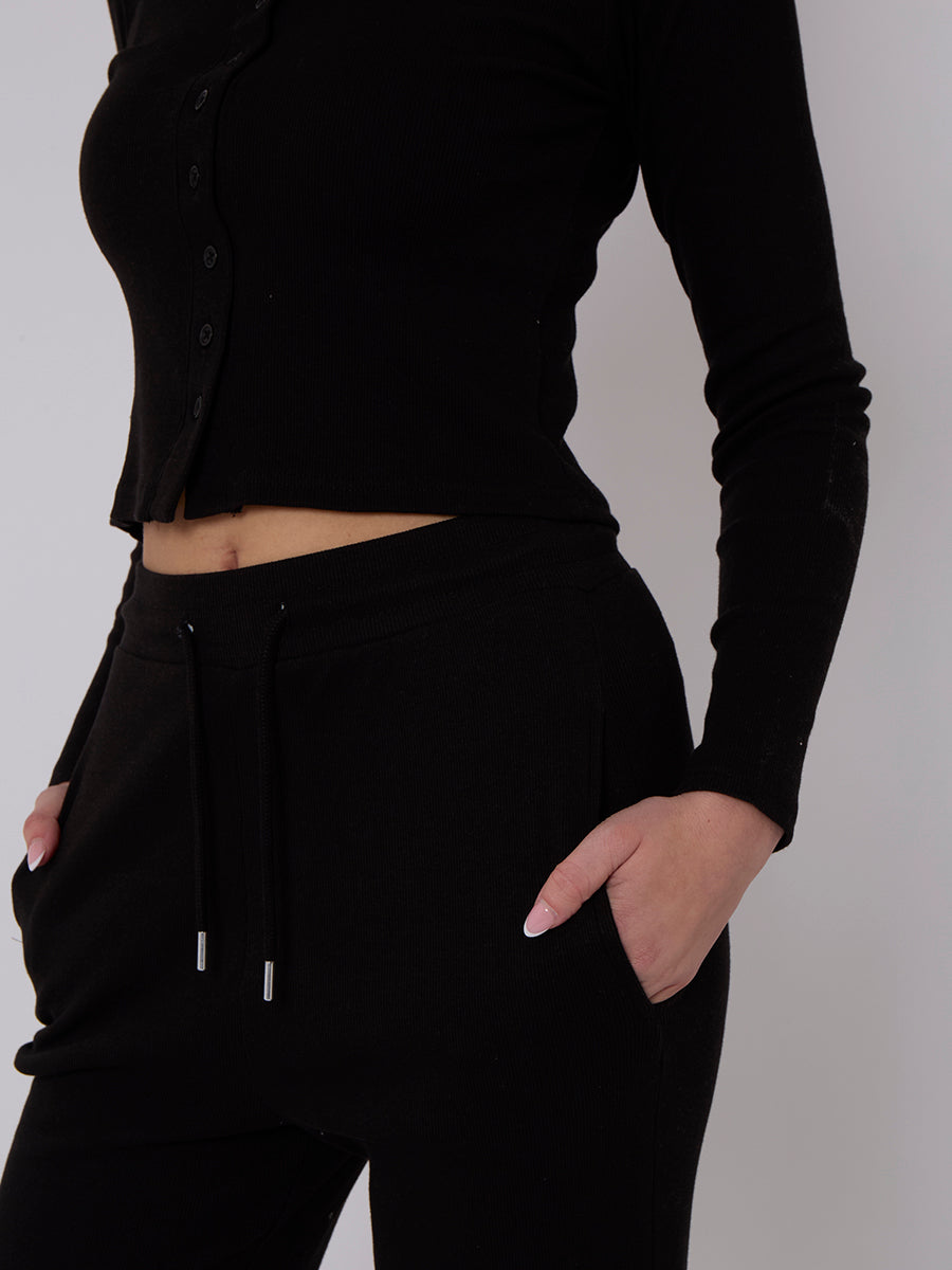 Ribbed Front Button Detail Top & Wide Leg Trouser Co-ord