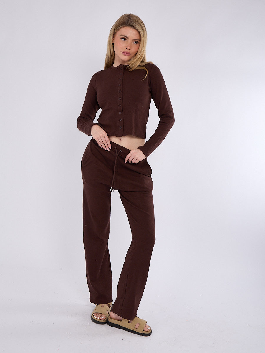 Ribbed Front Button Detail Top & Wide Leg Trouser Co-ord