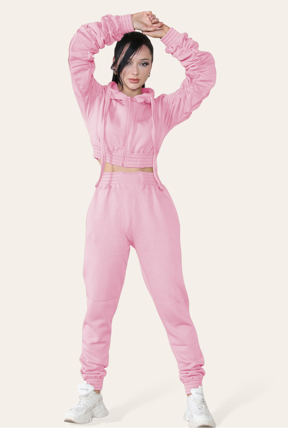 Ruched Sleeves Cropped Hoodie and Cropped Jogger Cuffed Bottom Loungewear Tracksuit Set - AX Labels