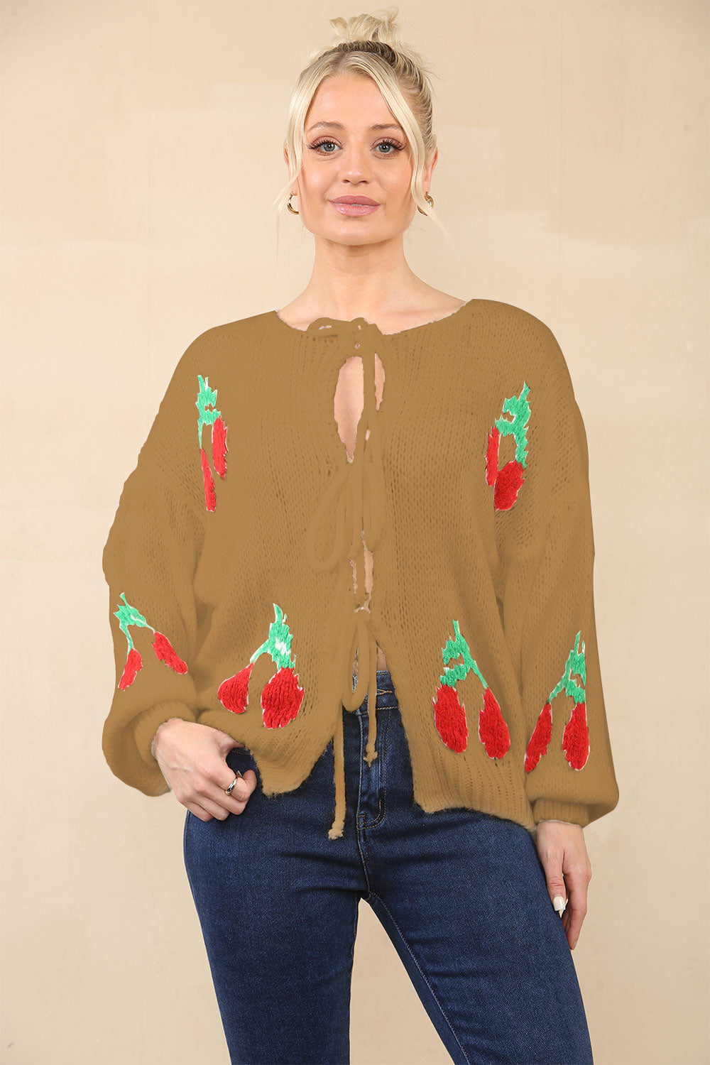 Stylish Crop Triple Tie Bow Cherry Front Cable Knit Cardigan - AX Labels