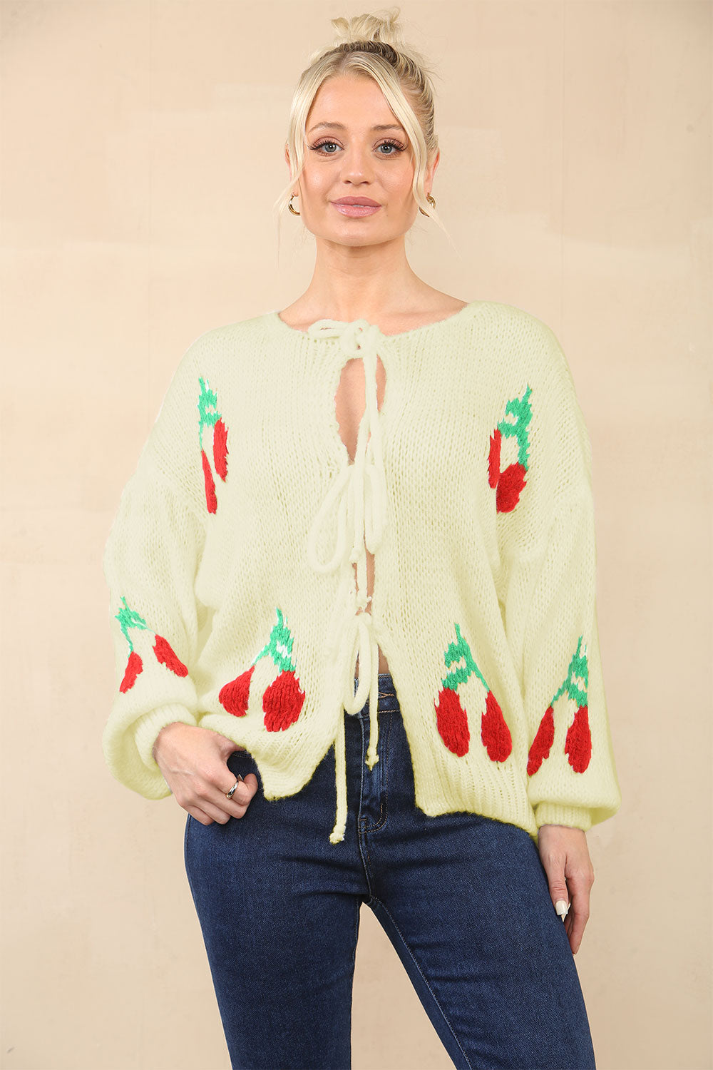 Stylish Crop Triple Tie Bow Cherry Front Cable Knit Cardigan - AX Labels