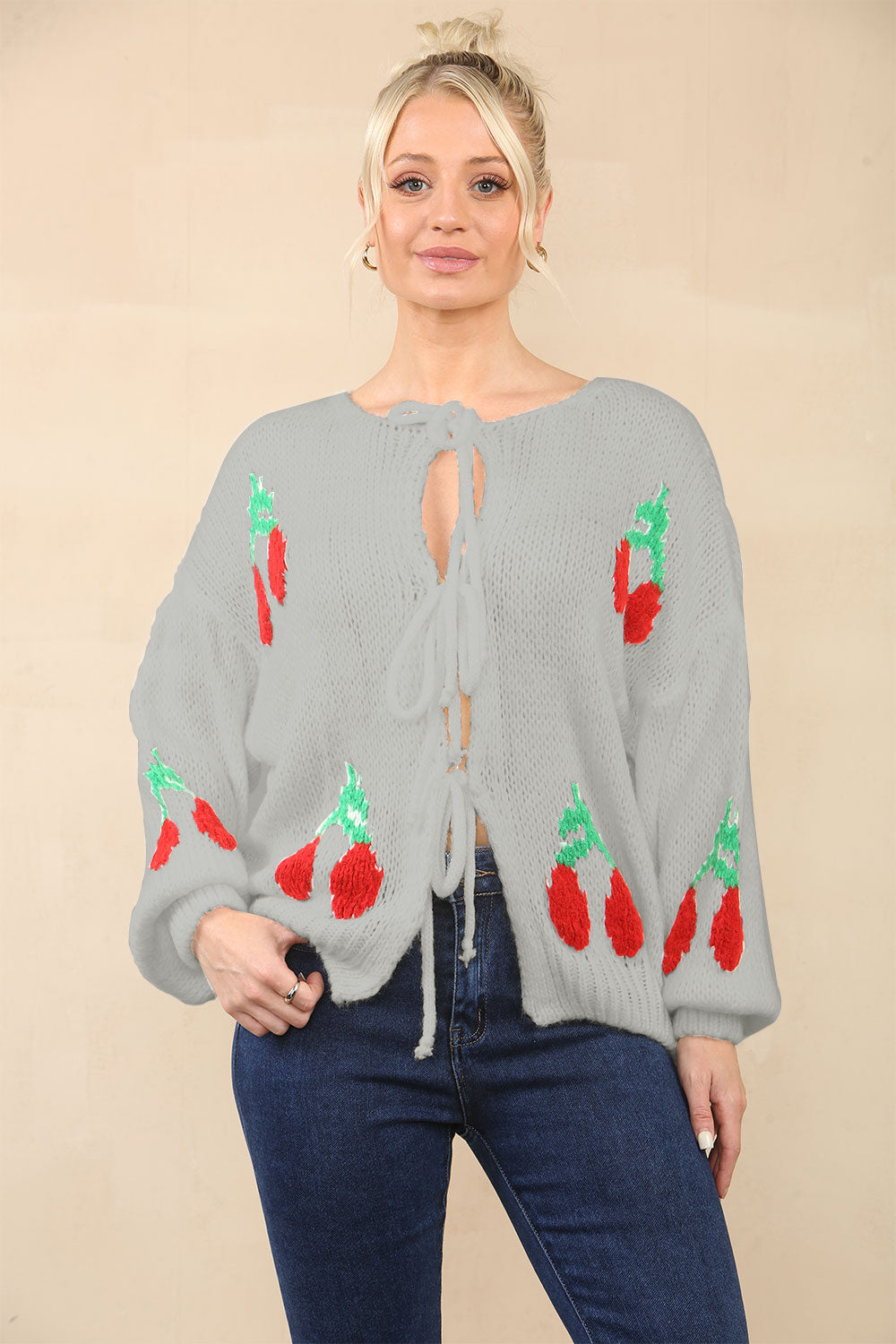 Stylish Crop Triple Tie Bow Cherry Front Cable Knit Cardigan - AX Labels