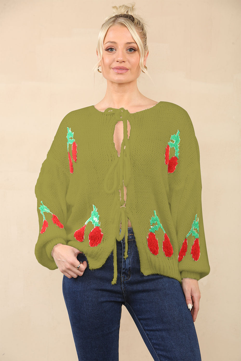 Stylish Crop Triple Tie Bow Cherry Front Cable Knit Cardigan - AX Labels