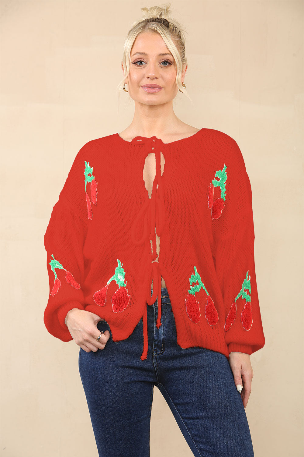 Stylish Crop Triple Tie Bow Cherry Front Cable Knit Cardigan - AX Labels