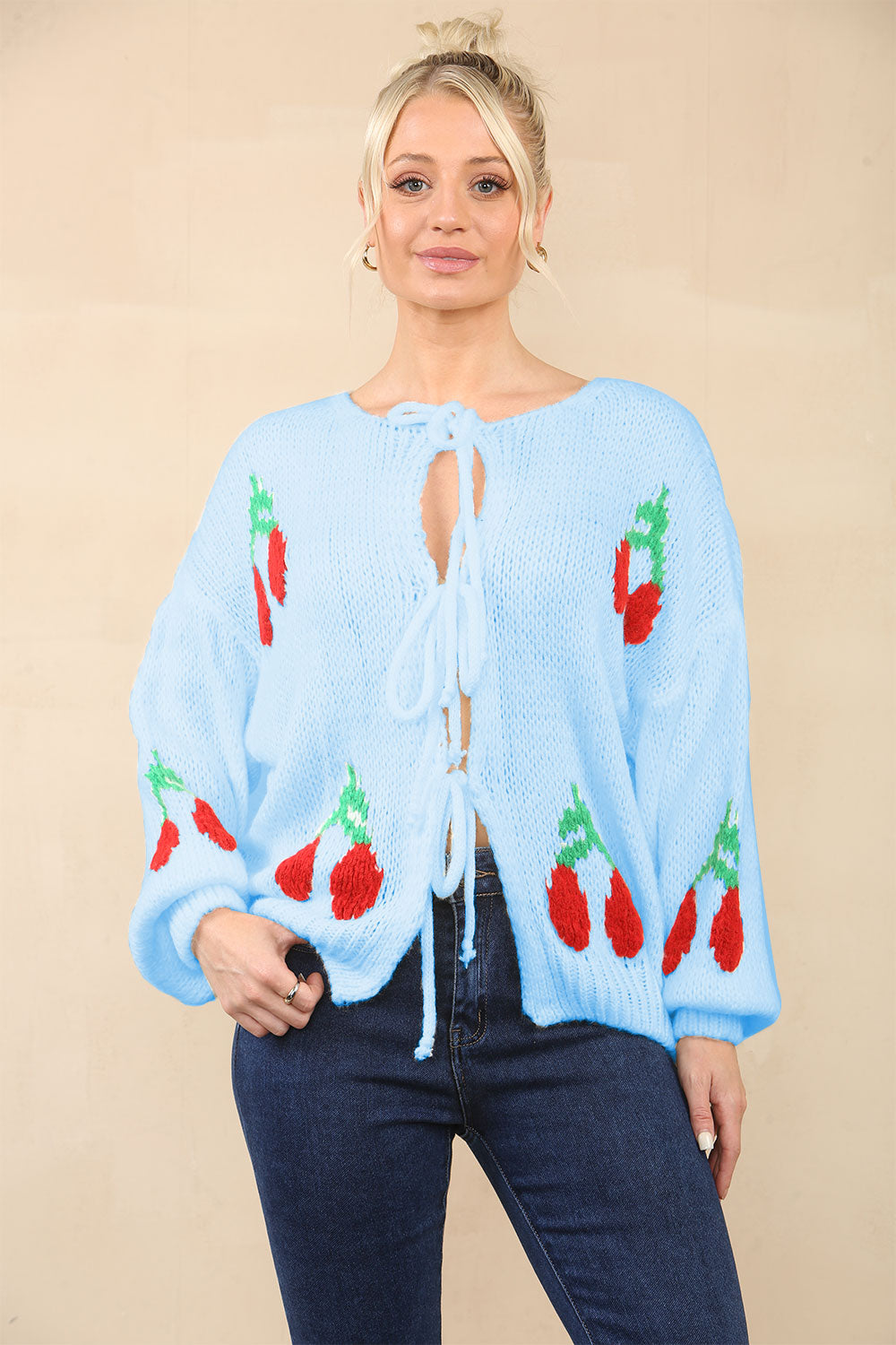 Stylish Crop Triple Tie Bow Cherry Front Cable Knit Cardigan - AX Labels