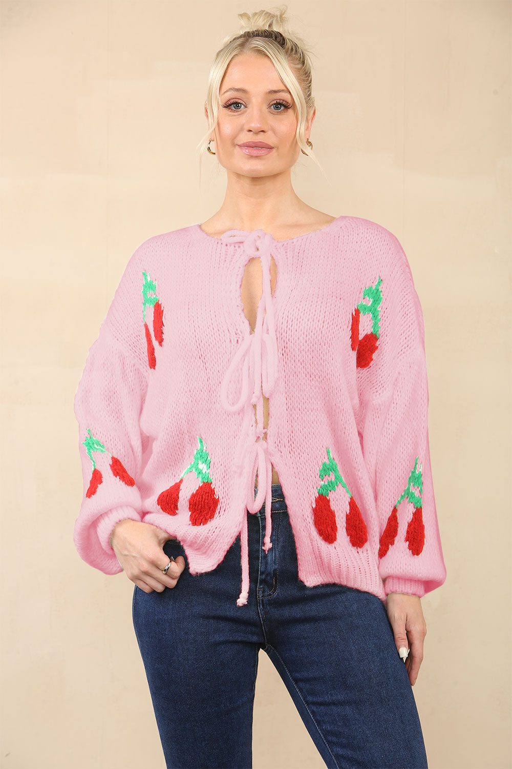Stylish Crop Triple Tie Bow Cherry Front Cable Knit Cardigan - AX Labels