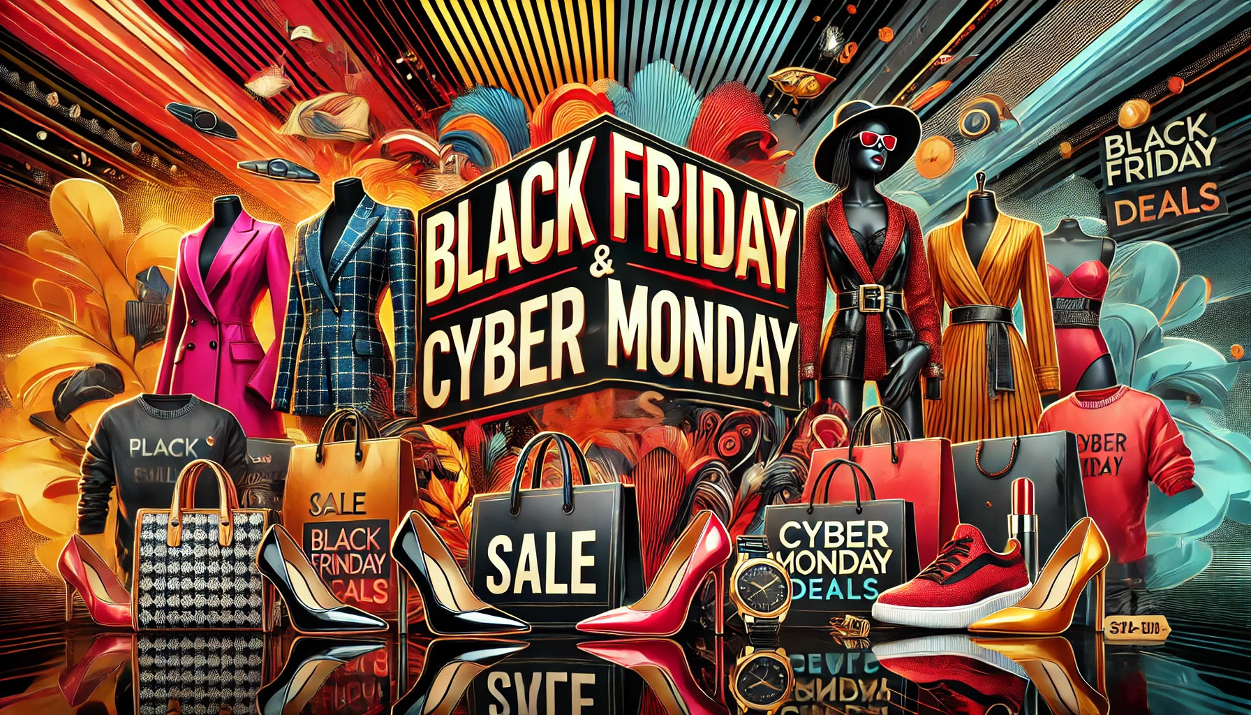 A vibrant and stylish Black Friday and Cyber Monday fashion sales banner. The scene should include bold text with phrases like Black Friday Sale