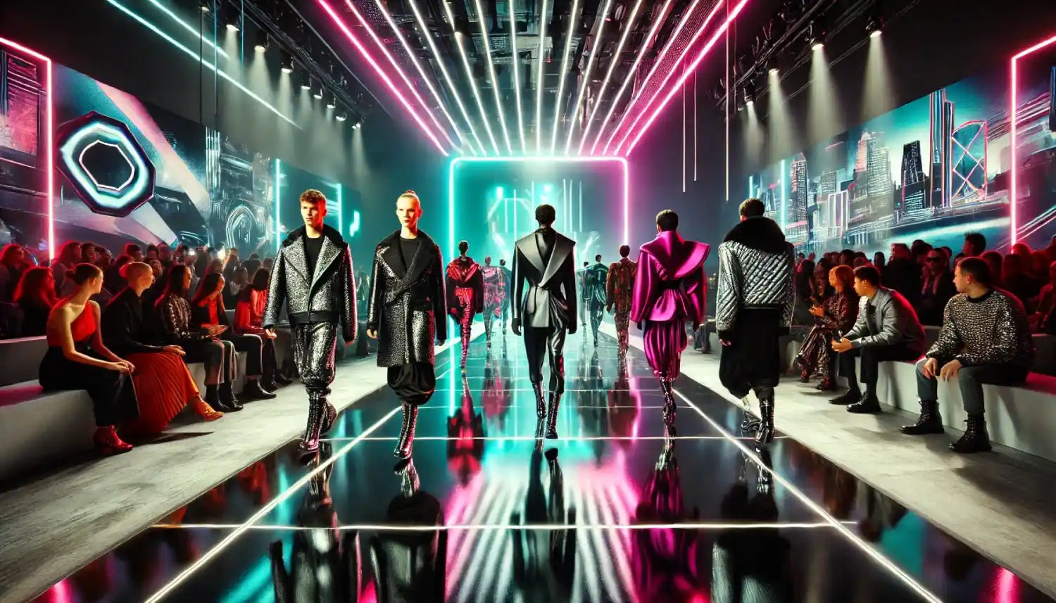 A vibrant scene from London Fashion Week 2025. The runway is modern and futuristic, with sleek metallic accents and dynamic lighting casting neon pink