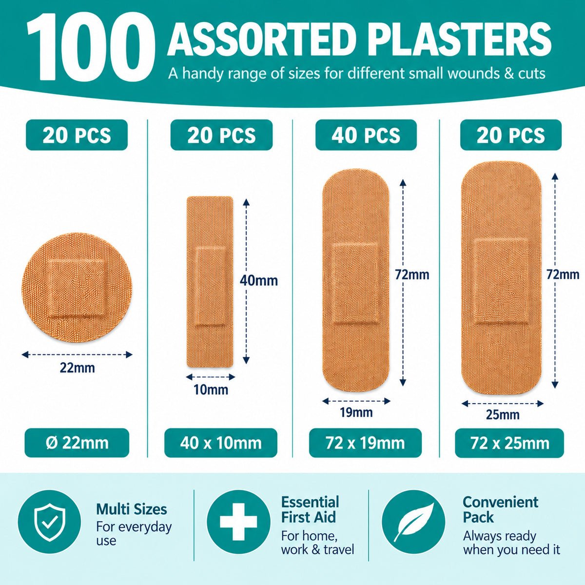 200 Fabric Plasters Assorted Sizes Waterproof Breathable First Aid Bandages 100pcs per pack