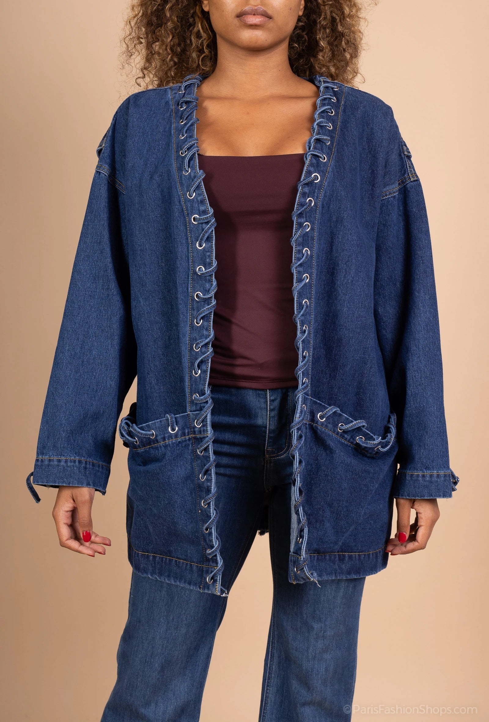 Denim jacket with decorative lacing, trendy relaxed fit
