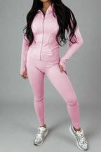 New Sports Zip Front Long Sleeves Top And Leggings Gym Set