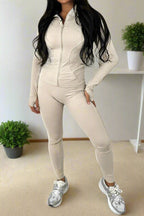 New Sports Zip Front Long Sleeves Top And Leggings Gym Set
