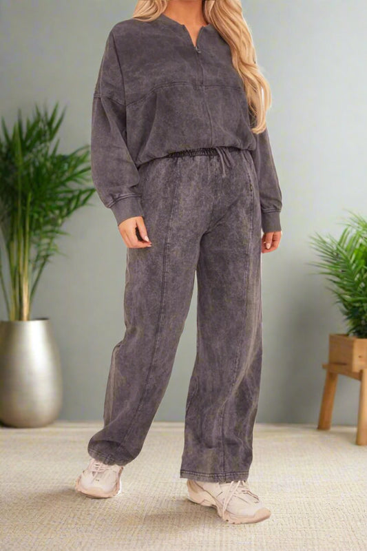 Acid Wash Effect Fleece Zip Front Bomber Sweatshirt & Joggers Loungewear Co-Ord Set