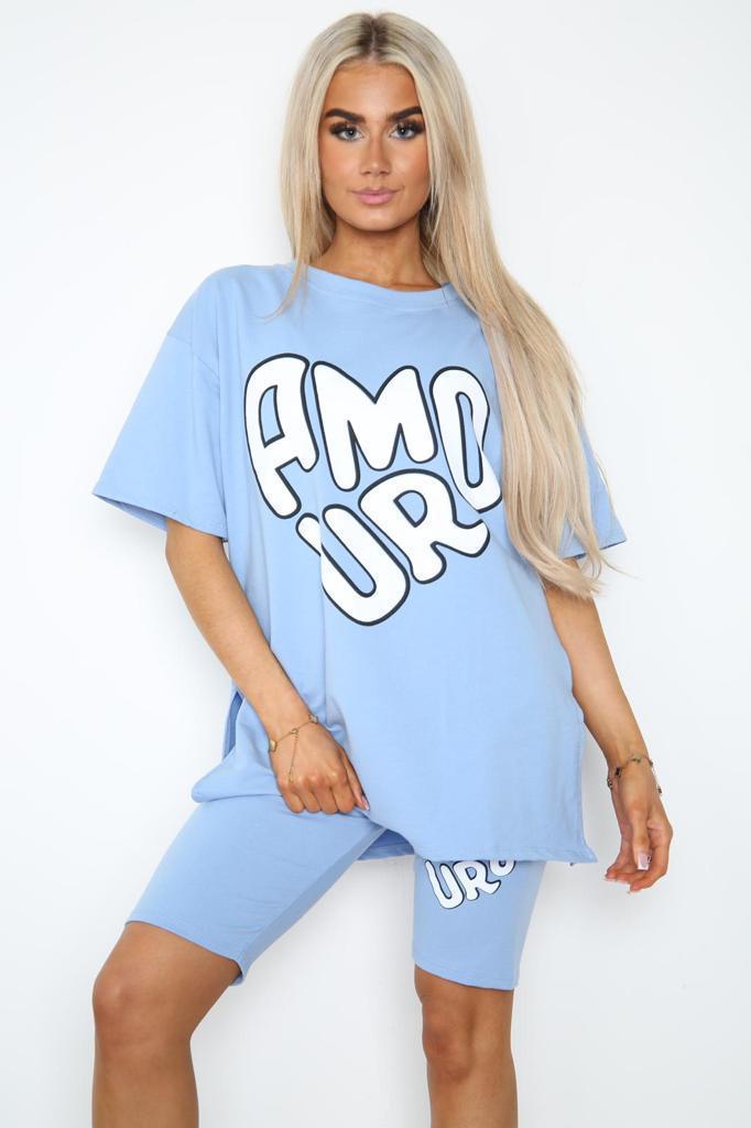 Cycling Short and T-Shirts Co-Ord Two Piece Side Slit Set with Front Printed Slogan - AX Labels