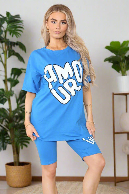 Cycling Short and T-Shirts Co-Ord Two Piece Side Slit Set with Front Printed Slogan - AX Labels