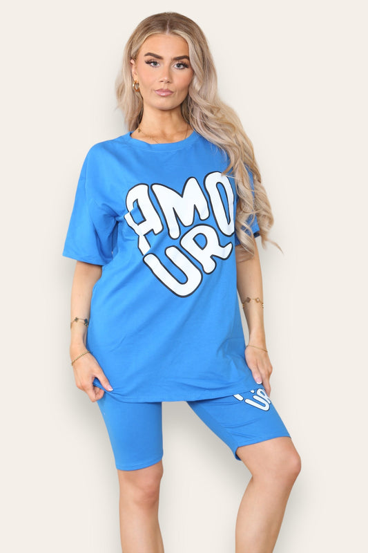 Cycling Short and T-Shirts Co-Ord Two Piece Side Slit Set with Front Printed Slogan - AX Labels