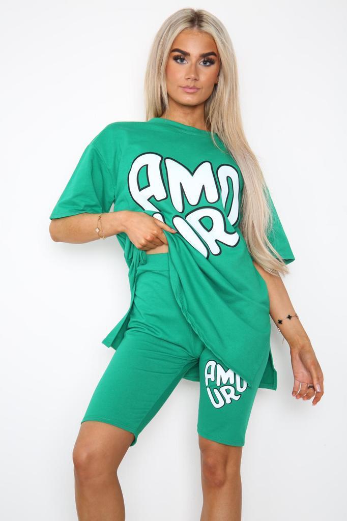 Cycling Short and T-Shirts Co-Ord Two Piece Side Slit Set with Front Printed Slogan - AX Labels