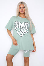 Cycling Short and T-Shirts Co-Ord Two Piece Side Slit Set with Front Printed Slogan - AX Labels