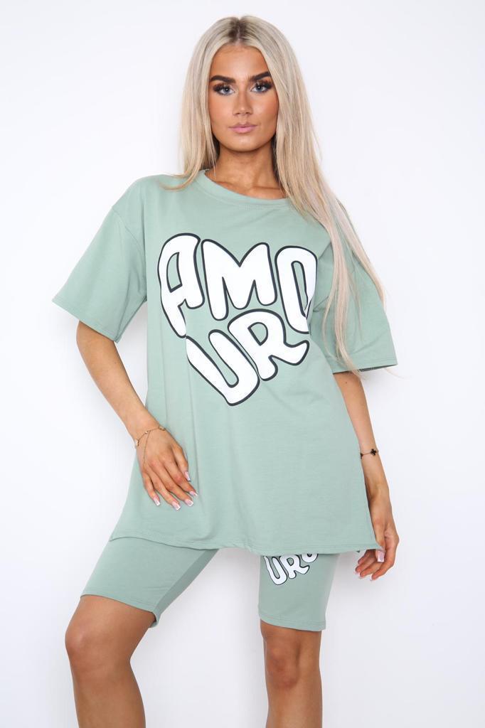 Cycling Short and T-Shirts Co-Ord Two Piece Side Slit Set with Front Printed Slogan - AX Labels