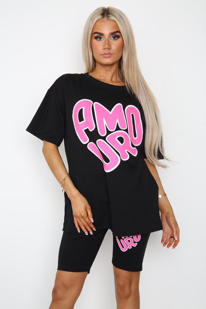 Cycling Short and T-Shirts Co-Ord Two Piece Side Slit Set with Front Printed Slogan - AX Labels